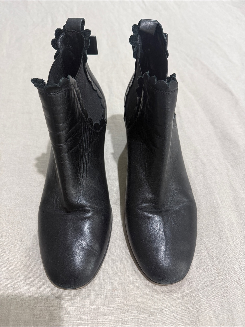 Kate Spade Black Leather Scalloped-Edge Ankle Boots